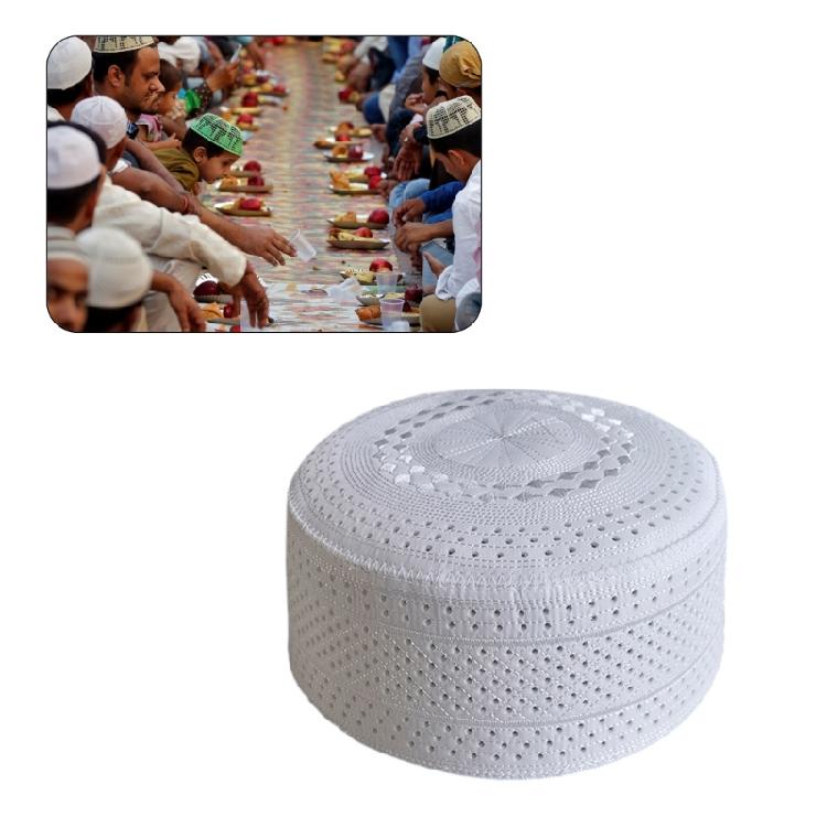 Men Ethnic Islamic Prayer Bonnet Hat Breathable Hole Embroidery White Kufi Cap