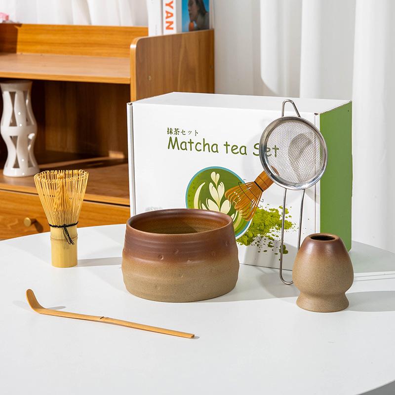 5-8pcs INS coarse pottery gradual change color tea stand matcha bowl set to order tea retro Matcha whisk set of tea tools