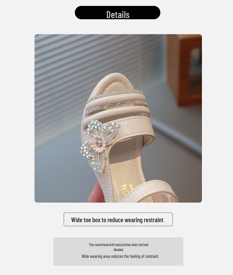 Girls' Summer Sandals with Rhinestone Butterflies, Children's Fashionable High Heels, Versatile Princess Style
