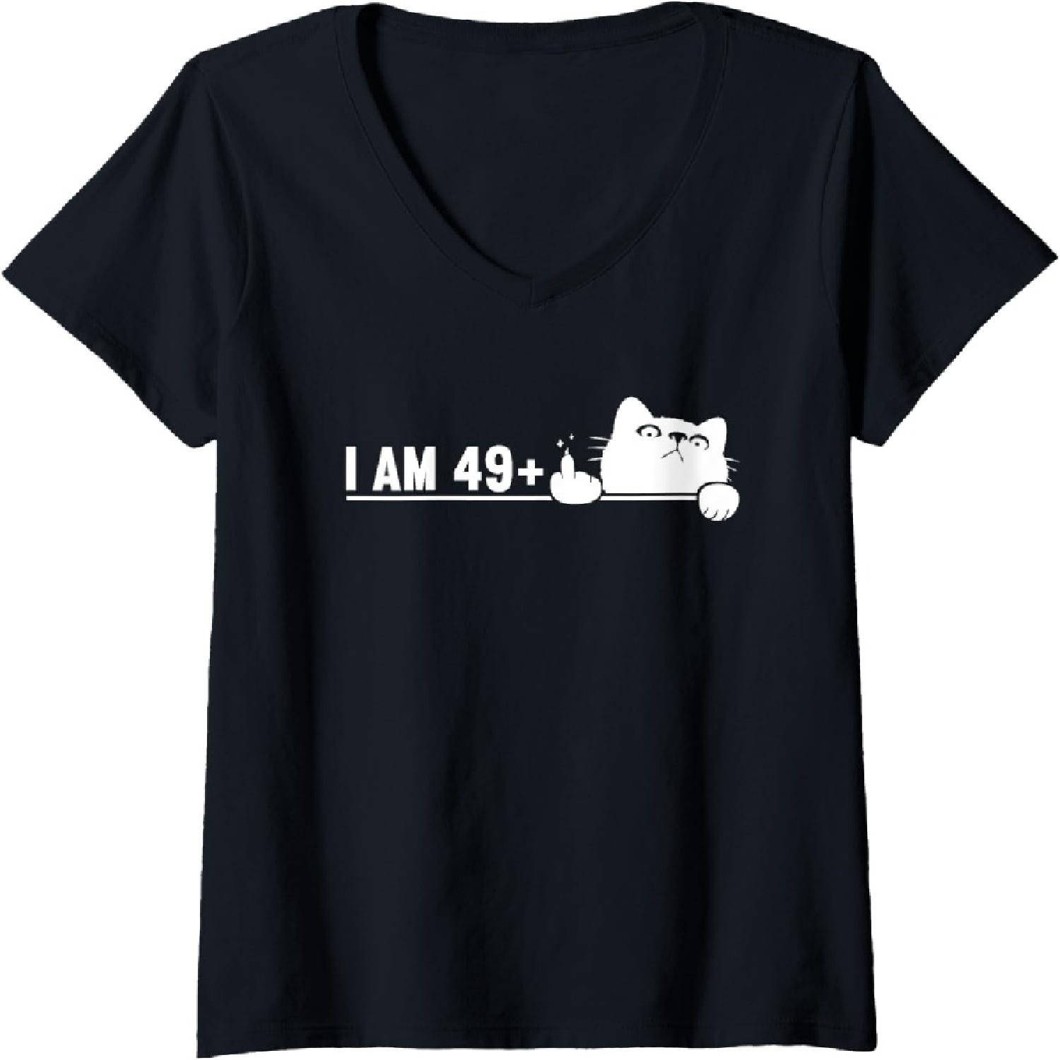Womens I Am 49 Plus 1 Middle Finger For A 50th Birthday cat mom dad V-Neck T-Shirt S