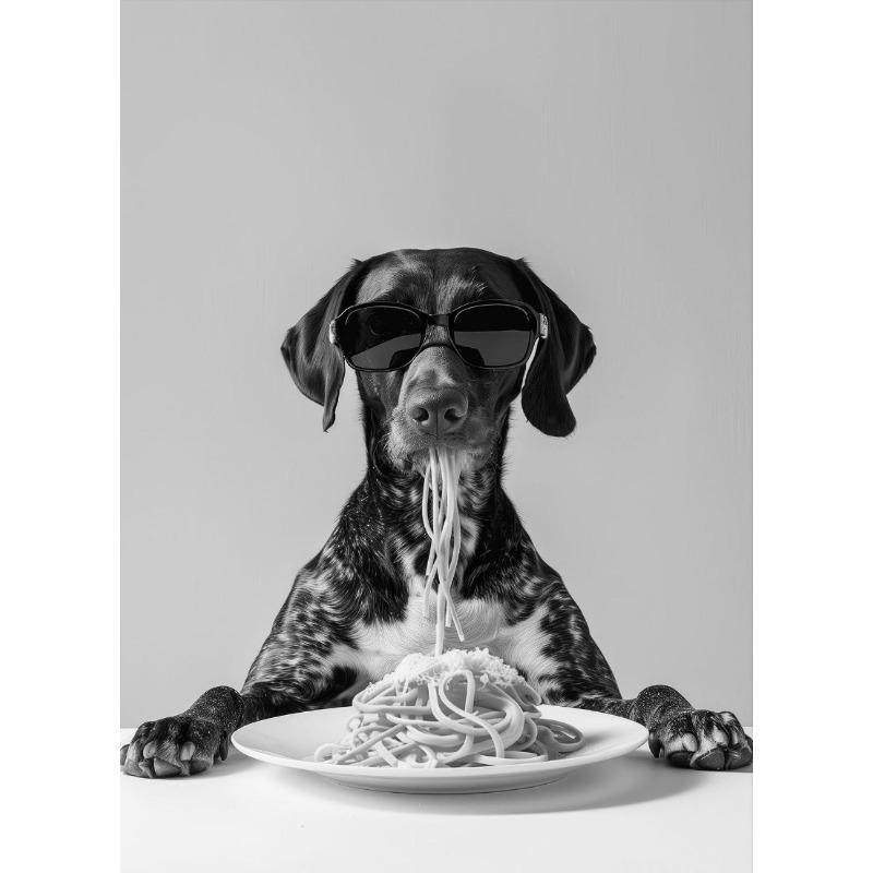 Interesting Animal Collie Eating Spaghetti Bulldog Cook Animal Portrait Poster Canvas Paintings Wall Art Pictures Home Decor
