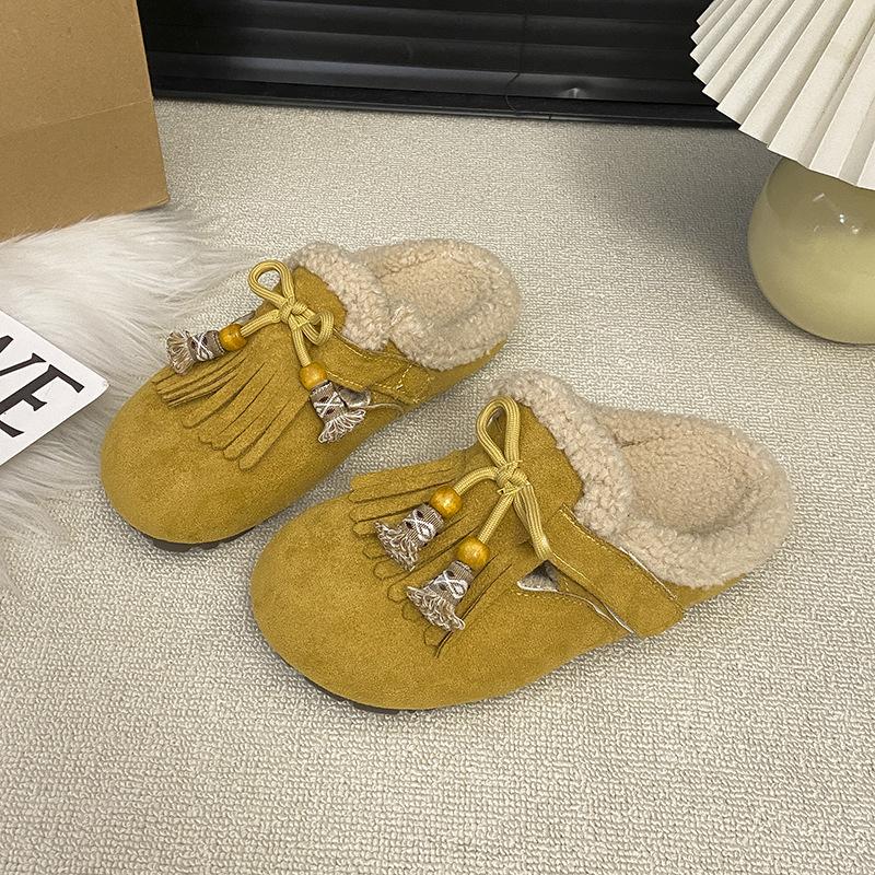 2025 Autumn and Winter New Retro Mori Plush Cotton Shoes Bag Head Half Drag Muller Shoes Fringed Warm Fluffy Shoes Women