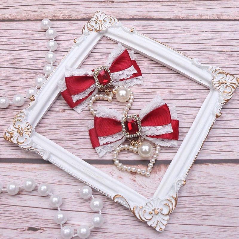 [1 Pair] Cute Hairpin Lolita Cosplay Y2K Hairpin Things for Girls Hair Bow Pearl Lace Girls Hairpin Hair Buckle