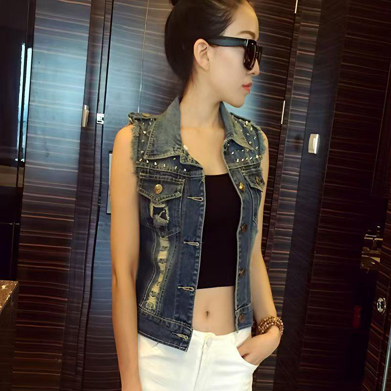 

Women s Denim Vest - Spring/Summer Slim Fit Tank with Rivet Shoulder Cape Jacket L