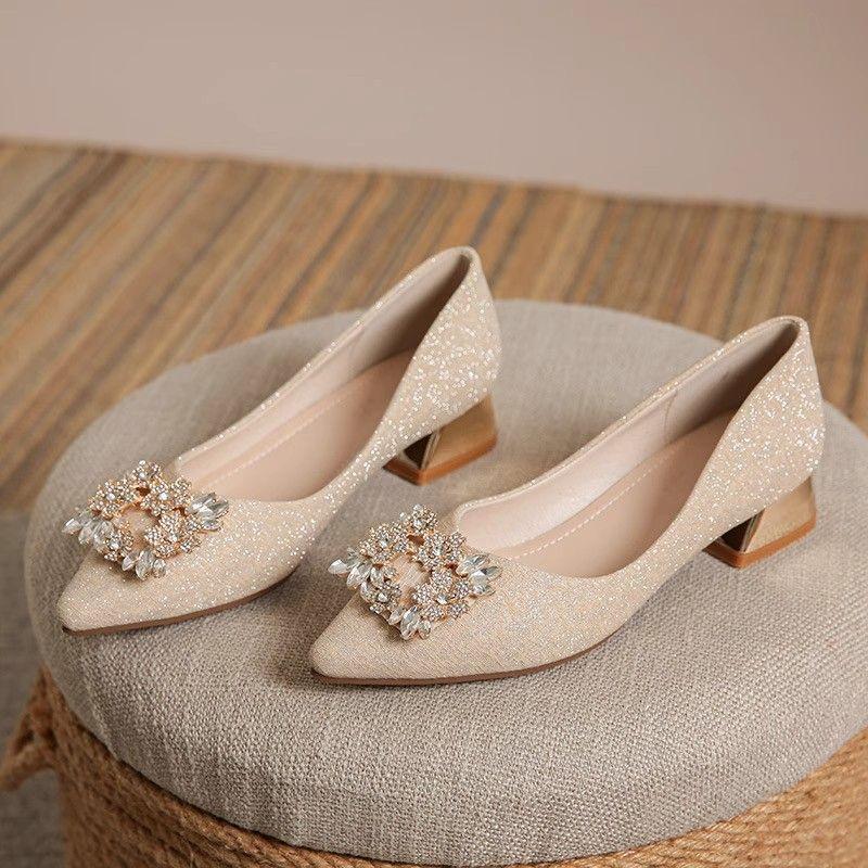 French Pointed Head Shallow Mouth Women's Single Shoes, New Low-heeled Bride Shoes, High-end Feeling, Not Tired Feet, Thick Heel Single Shoes Women