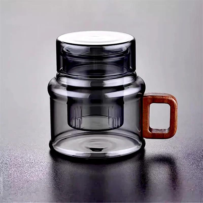 400ml Reusable Heat Resistant Glass Tea Cup with Infuser Filter and Wooden Handle Office Tea Separation Mug Flower Tea Mugs