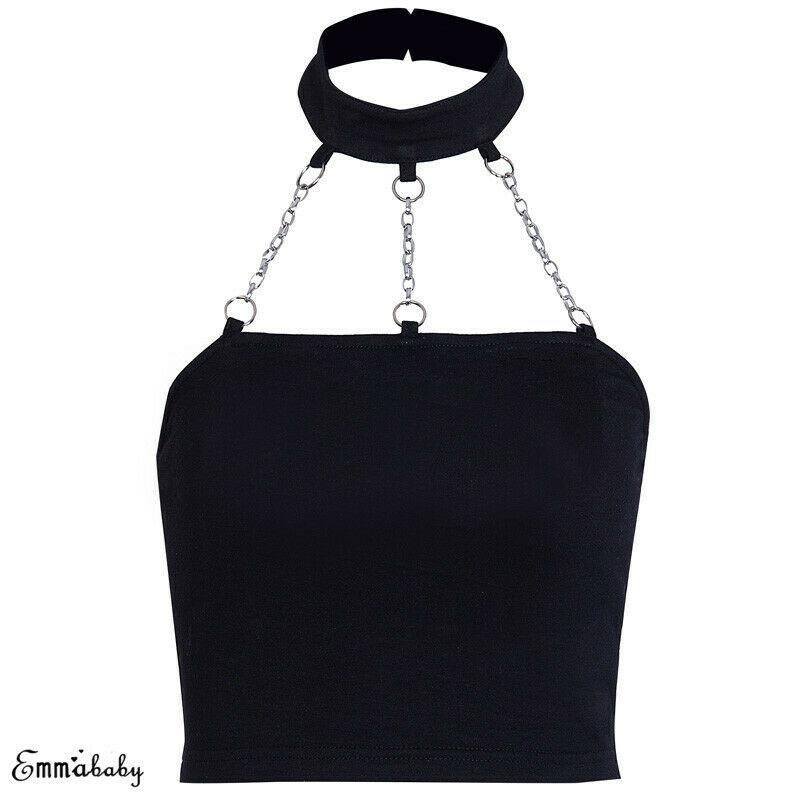 Women Sexy Solid Punk Style Metal Choker Halter Neck Crop Top Sleeveless Ladies Cami Backless Buckle Crop Top Summer Shirt