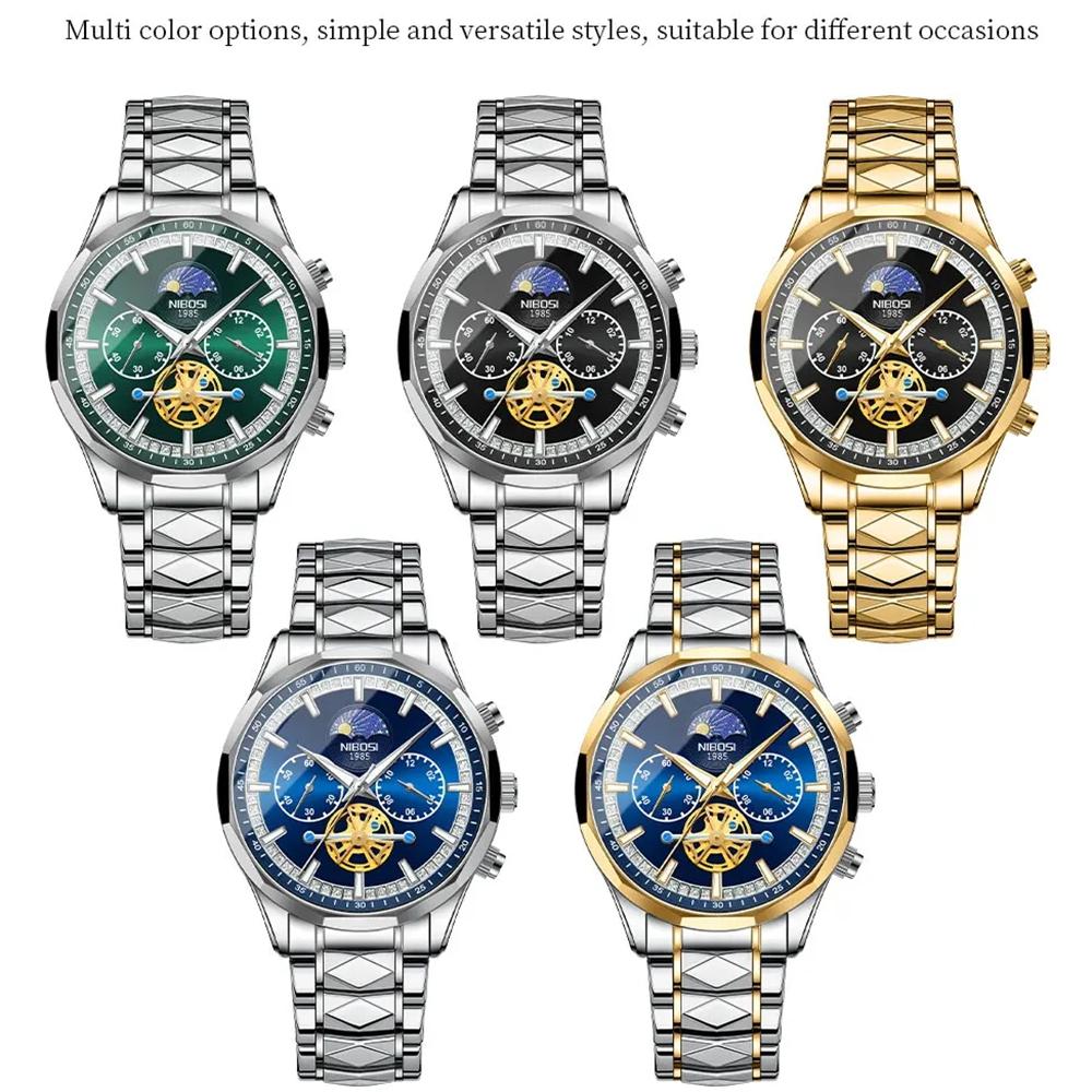 NIBOSI Star Moon Phase Watches Men Top Brand Luxury Automatic Watch for Men Luminous Waterproof Stainless Steel Quartz Clock