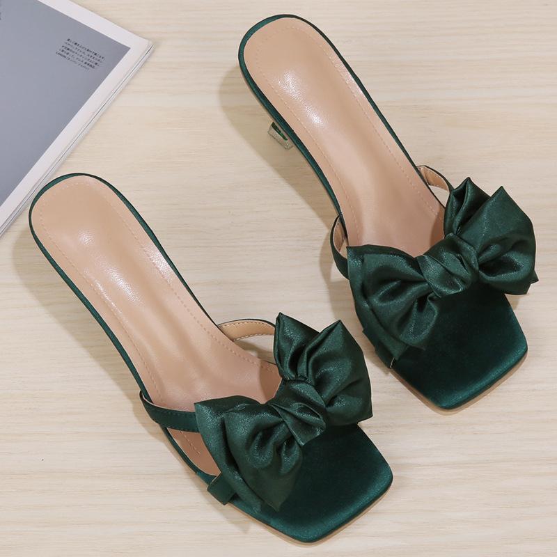Bow Tie Slim Heels square Toe High Heels Women's Summer Outerwear Fashion Women's Sandals and slippers
