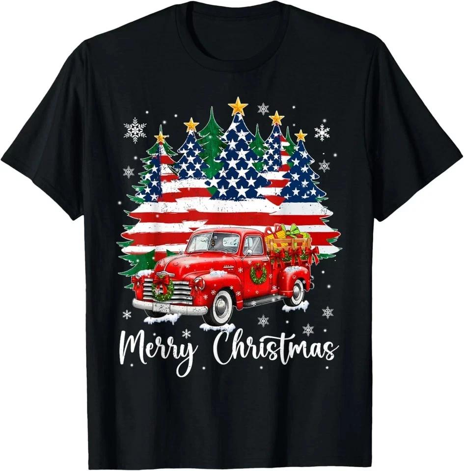 Merry Christmas Vintage Red Truck Us Flag Tree T-Shirt M