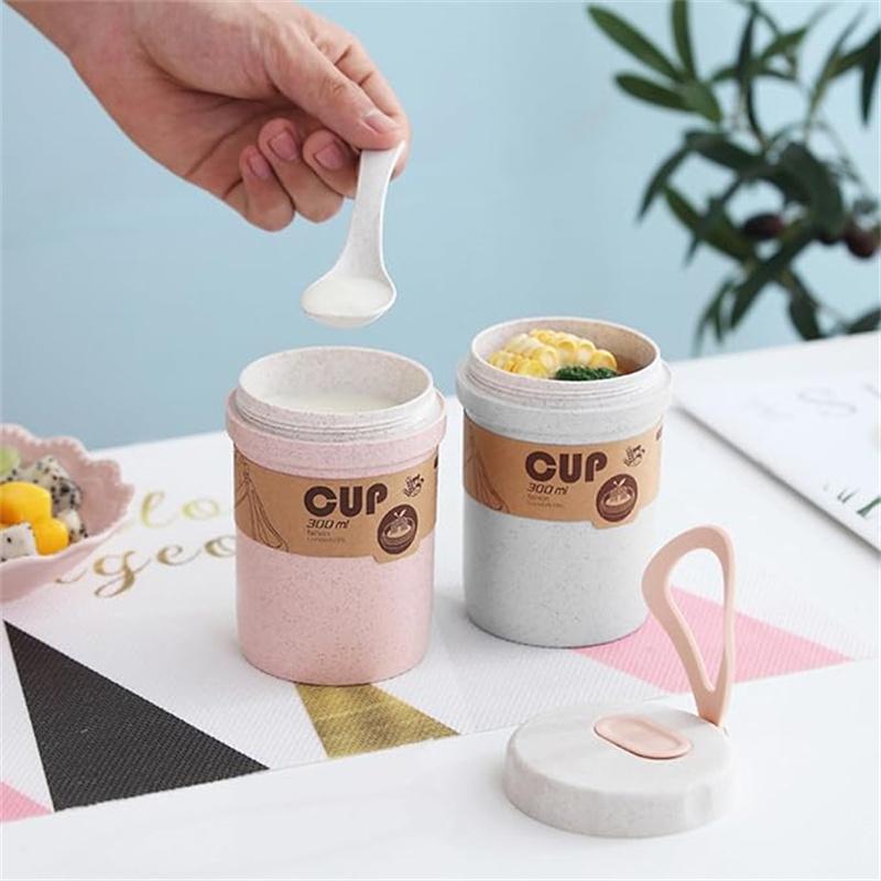 Wheat Straw Coffee Cups, Portable Microwaveable Breakfast Cup, 3 Colors Reusable Healthy Drinking Mugs with Spoon for School Off