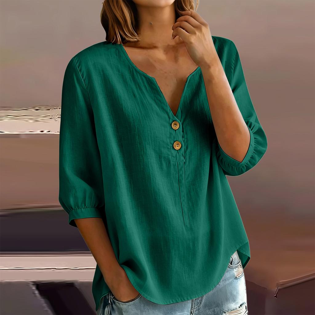 Women's Casual Linen Blend Henley Button Neck Shirt Three Quarter Sleeve Lightweight Loose Fit Top for Everyday Wear