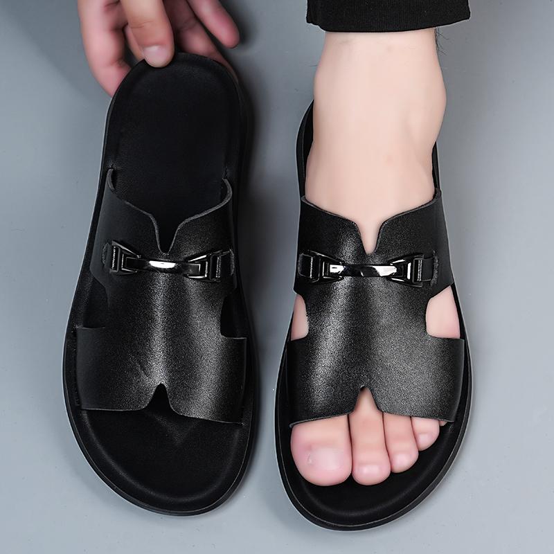 Herren Schwarz Leder Pantoffeln Flach Sommer Braun Sandalen Outdoor Weiß Breite Spitze Strandschuhe für Vater Übergröße 46 47 48