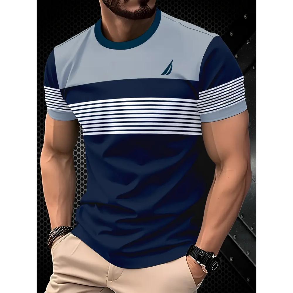 Men's Creative Color blocked 3D Mountain Printed T-shirt Summer Street Trend Sports Round Neck Short Sleeve T-shirt Casual Sportswear