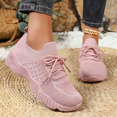 Women's 2026 Spring Casual Flyknit Shoes - Solid Color, European/American Style, Thick Sole, Height Increasing