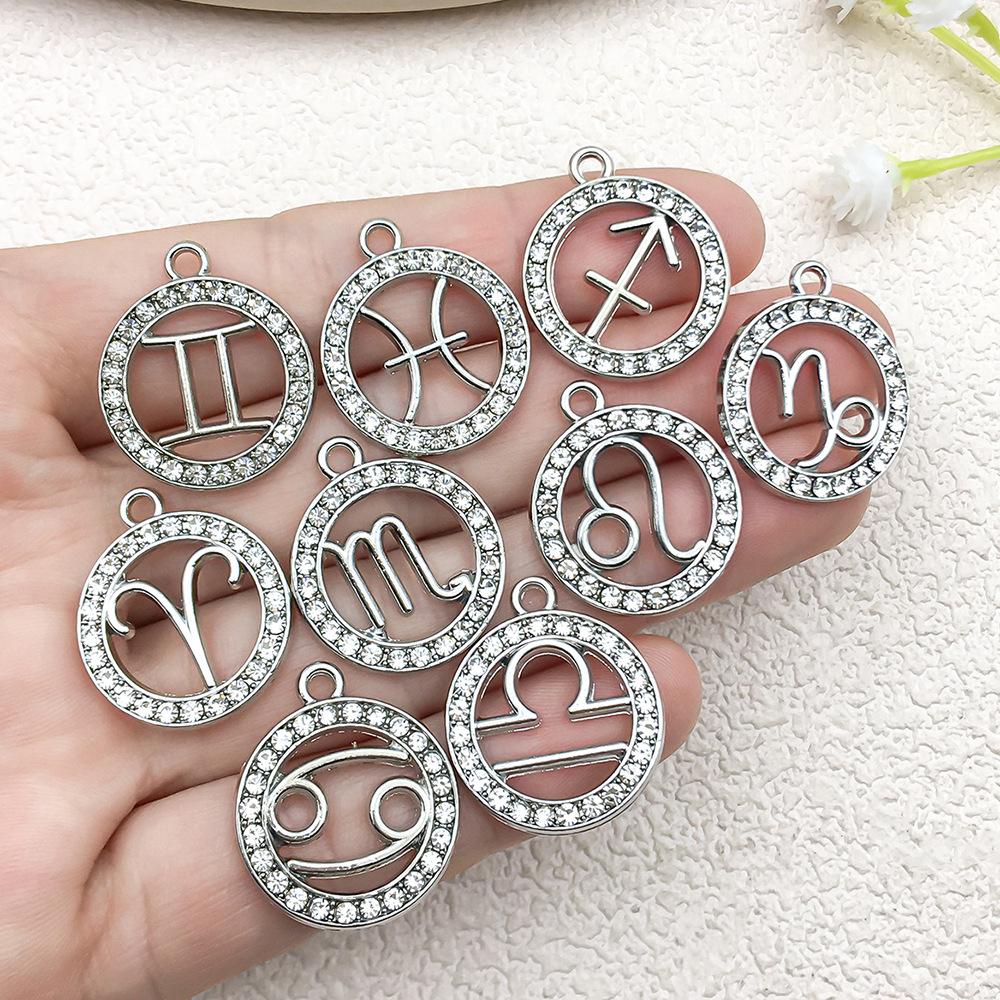 Zodiac Diamond-Studded Round Pendant Jewelry Set: Keychain, Bracelet, Necklace, Earrings