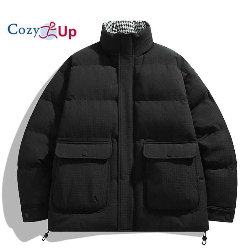 Cozy Up Herren Winter Taschen Baggy Daunenjacke Hahnentritt Baumwollmantel Langarm Reißverschluss Mäntel