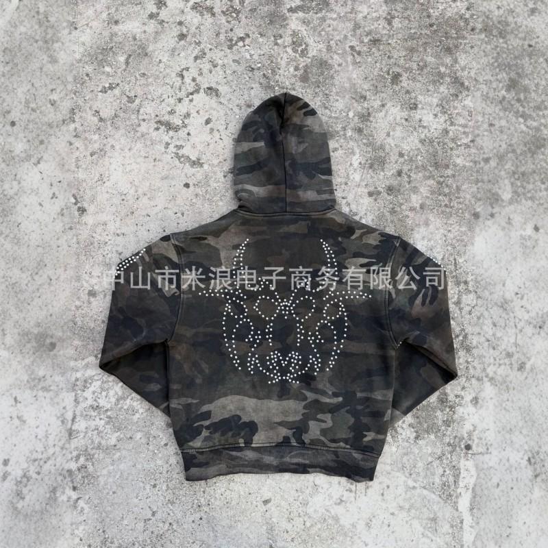 Oversized Hooded Sweatshirt With 3D Camo Print Rhinestone Embellishment Unisex Streetwear