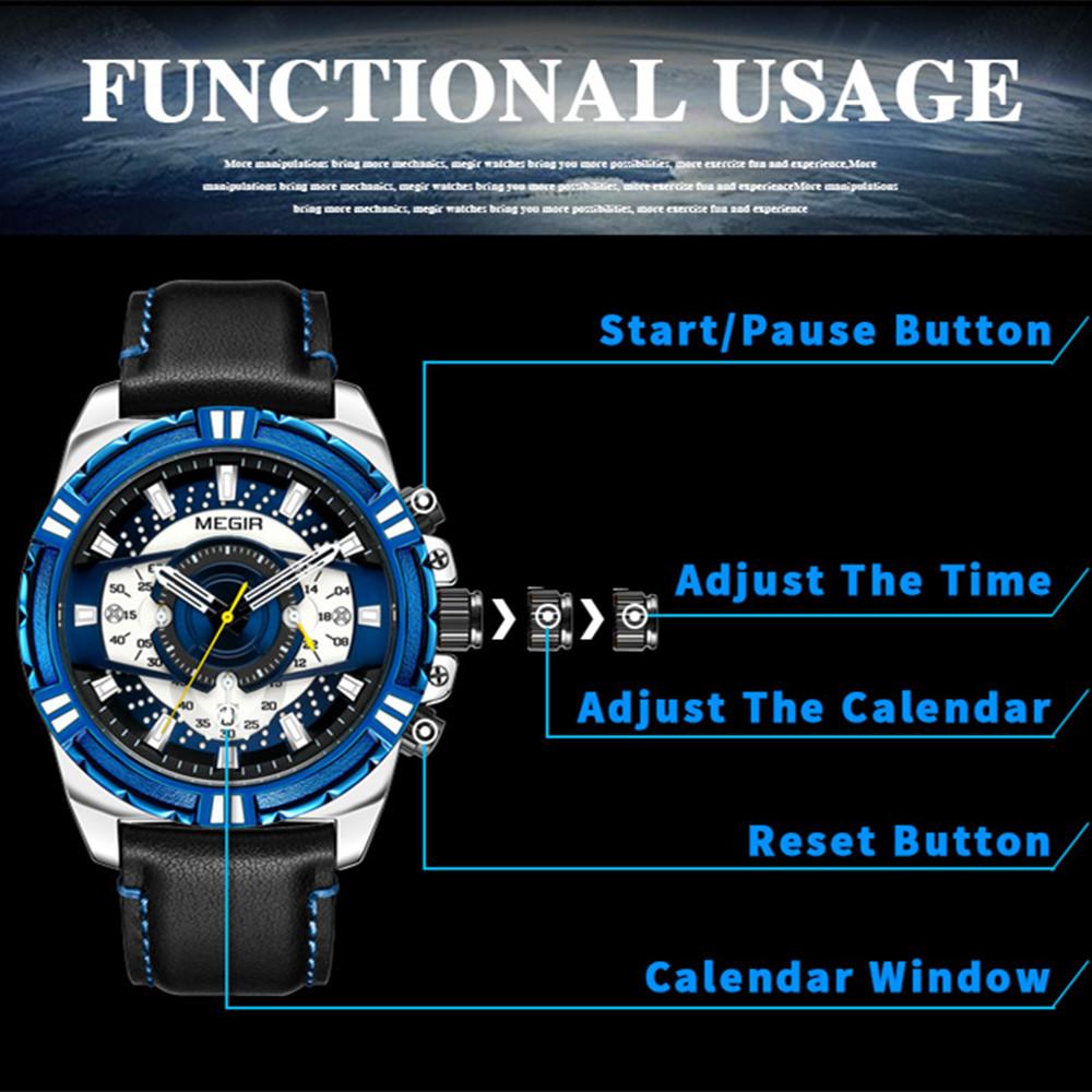 New Watches Men Luxury Brand MEGIR Chronograph Men Sports Watches Waterproof Leather Quartz Men's Watch Relogio Masculino