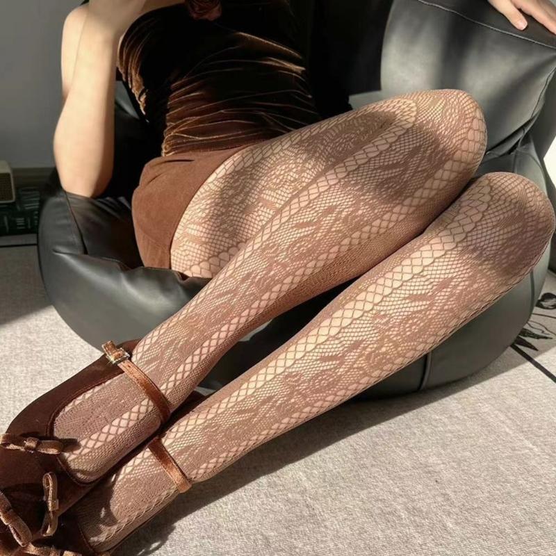 Women French Style Vintage Fishnet Pantyhose Rose Jacquard Patterned Sheer Mesh Tights Side Hollow Out Striped Stockings
