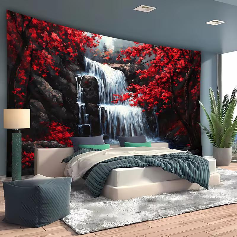 2D Red Maple Forest Waterfall Mystic Aesthetic Wall Tapestry Decor