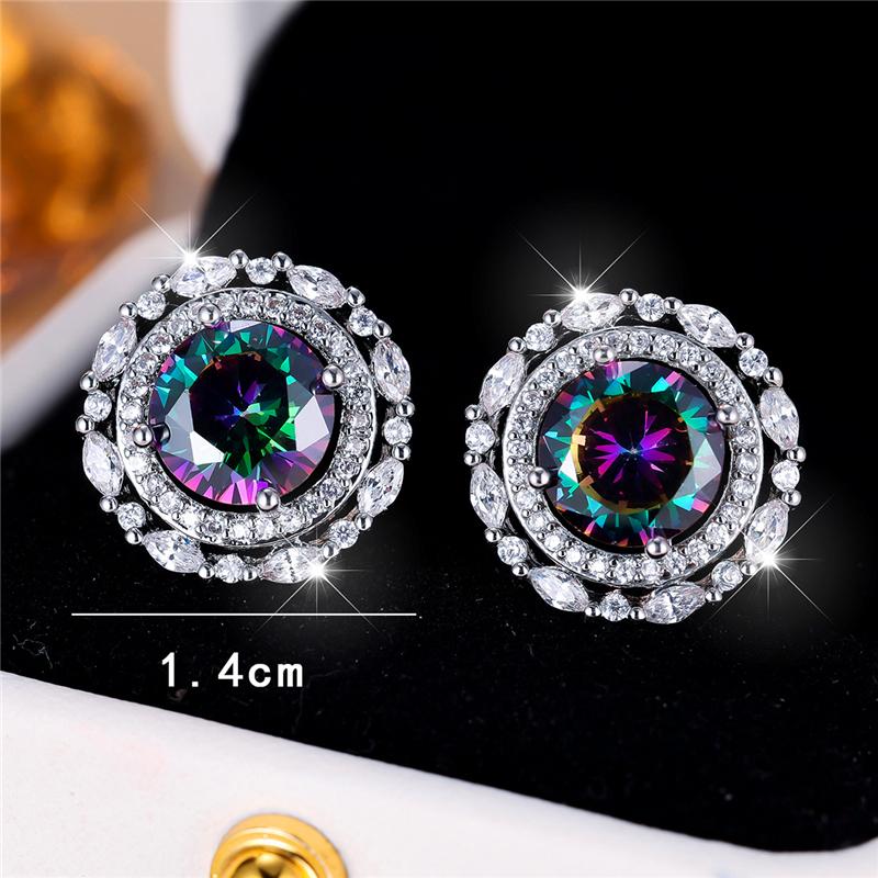 Female Crystal Rainbow Zircon Stone Round Stud Earrings Vintage Silver Color Wedding Fashion Jewelry For Women