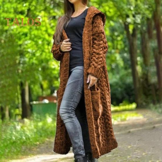 Dámská svetrová bunda s kapsami Střední délka Pletené s kapucí a zakroucená textura Jednobarevná Bunda s dlouhým rukávem Velká velikost Silné svrchní oblečení pro každodenní dojíždění