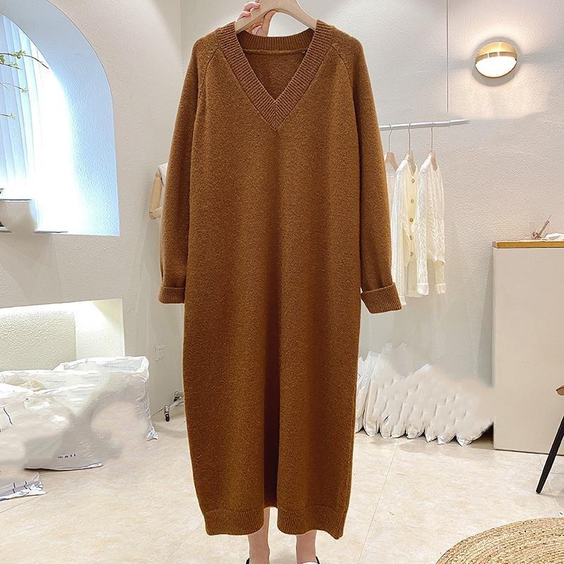Plus Size Sweater Skirt Over The Knee Women's Autumn and Winter with Lazy Style Loose V-neck Bottoming Knitted Dress
