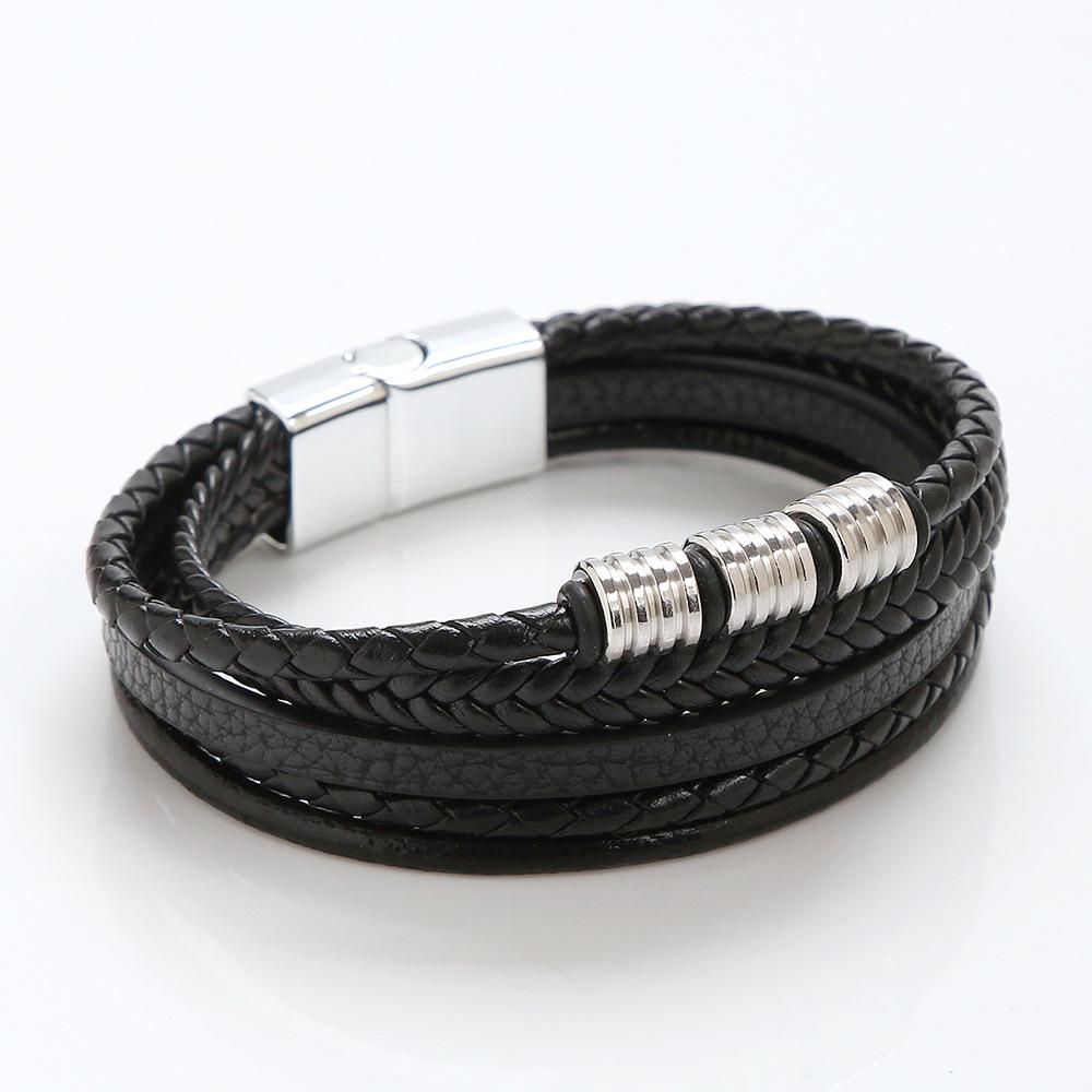 Black Multi Layers Leather Bracelet for Men,Metal Tube Charm Handmade Braided Rope Leather Bracelet,Gift for Husband Dad Son