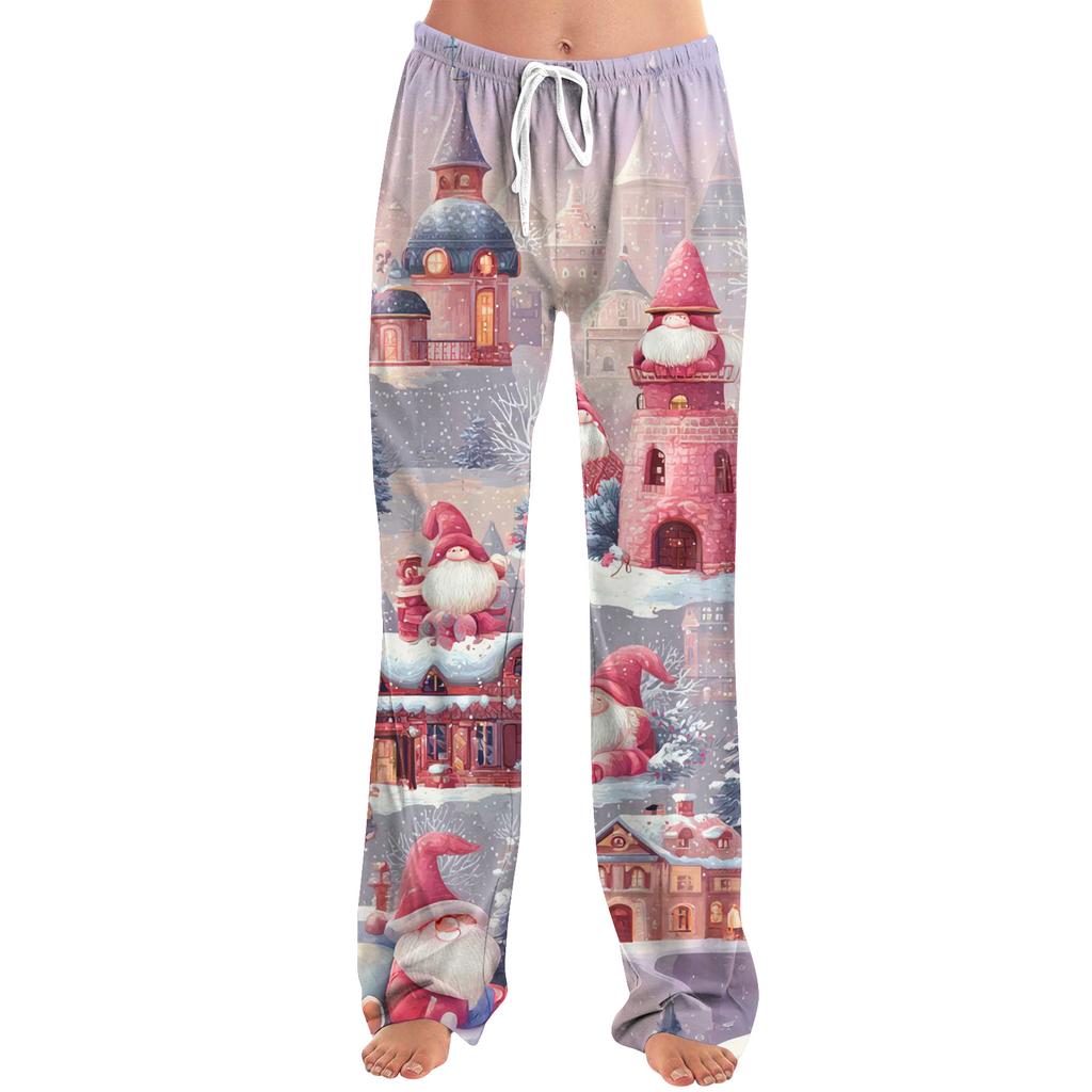 Ladies' Loose And Casual Christmas Printed Wide Leg Pants With Elastic Waistband Drawstring And Pocket Pants