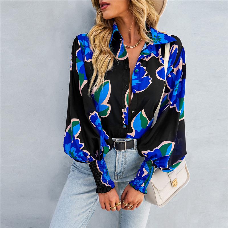 Women's Spring 2025 Long-Sleeve Print Shirt with Turn-Down Collar and Lantern Sleeves