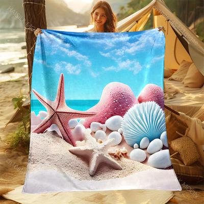 1PC Beach Starfish and Shells Print Adult Children Warm Blankets Home Travel Car Soft and Comfortable Suitable for All Seasons