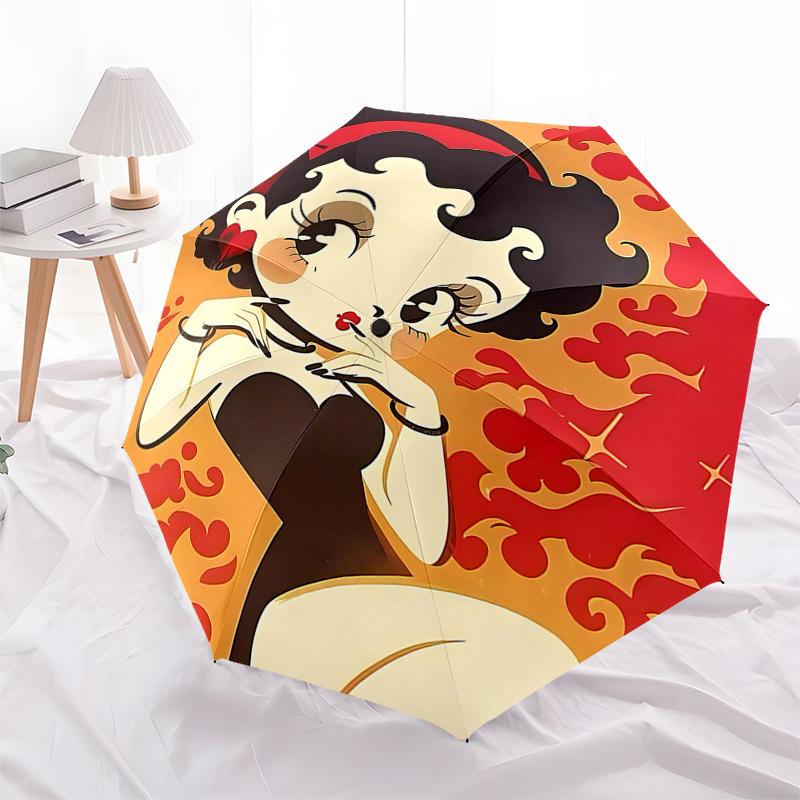 

Betty Boop Automatic Opening Folding Umbrella with Red Heart and Swirls Design - Portable 3-Fold Outdoor Rain Gear for Fans, Travelers, Ever