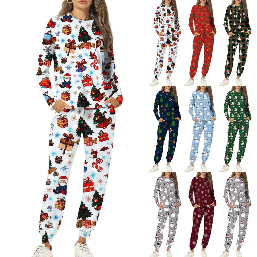 Sets For Women 2 Piece Round Neck Long Sleeve Shirts Printed Sweatpants Pocket Sets