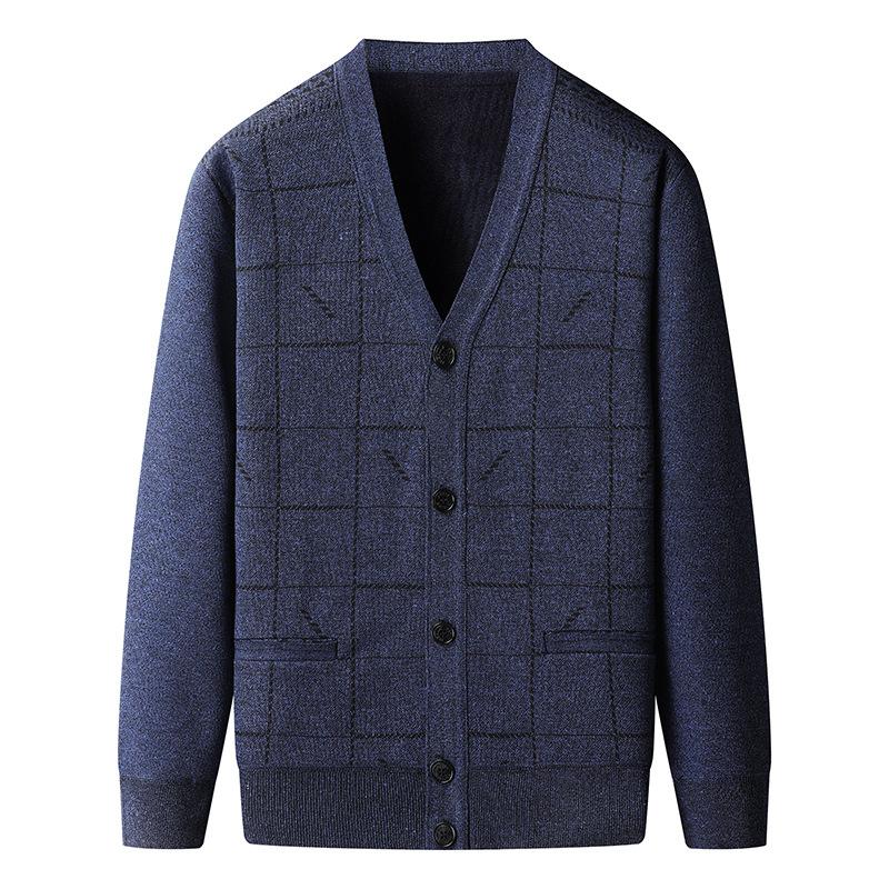 

Мужской теплый пожилой плюс бархатный толстый свитер кардиган свитер куртка свободный большой размер L синий