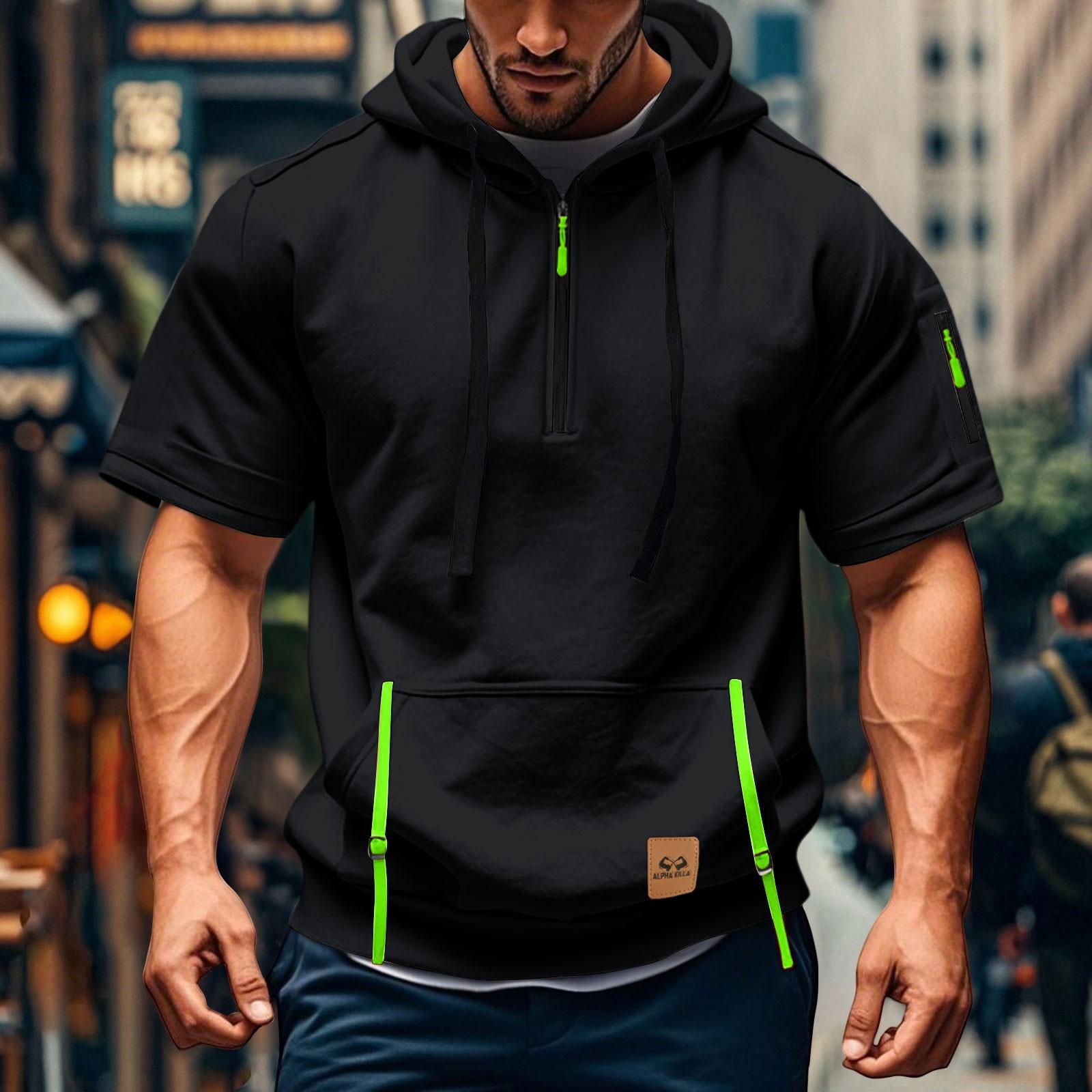 

Men s Hoodie Casual Vintage Short Sleeve Workout Sweatshirt With 1/4 Zipper Pullover Active Hoodies XL чорний