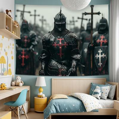 2D mittelalterliche Ritter-Wandteppich, Gotischer Templer-Krieger Wandkunst für Heimdekoration