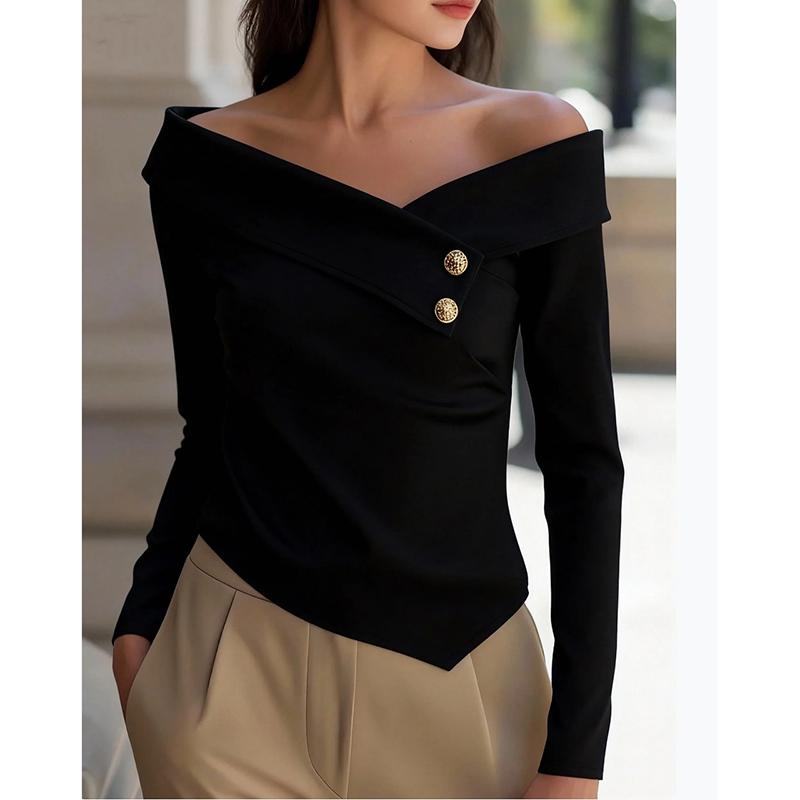 

Spring Elegant Women T-Shirts White Off Shoulder Slim Office Lady Tops Female Fashion Long Sleeve Shirt Women Tee XL чорний