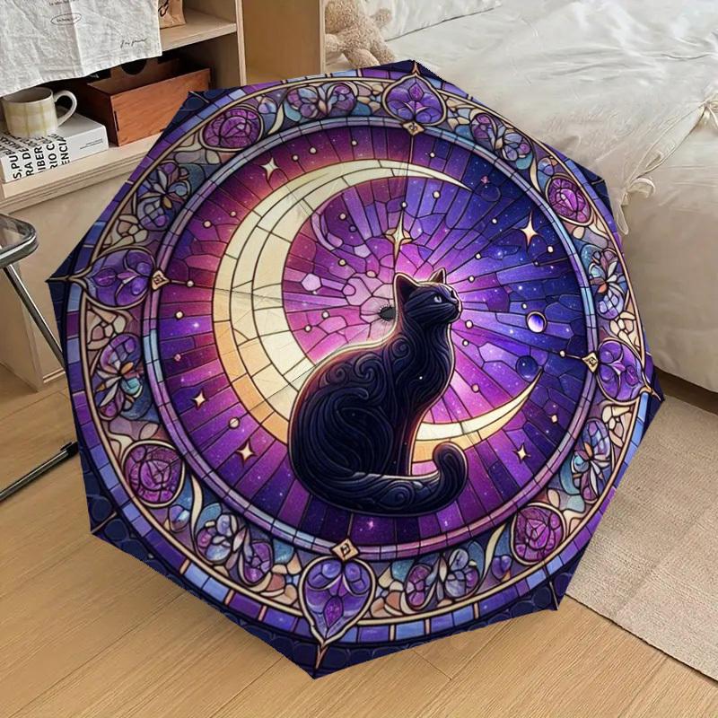 1pc Stained Glass Crescent Moon Cat Umbrella with Plastic Handle,Suitable for All Seasons Home Travel Outdoor UmbrellaDD002