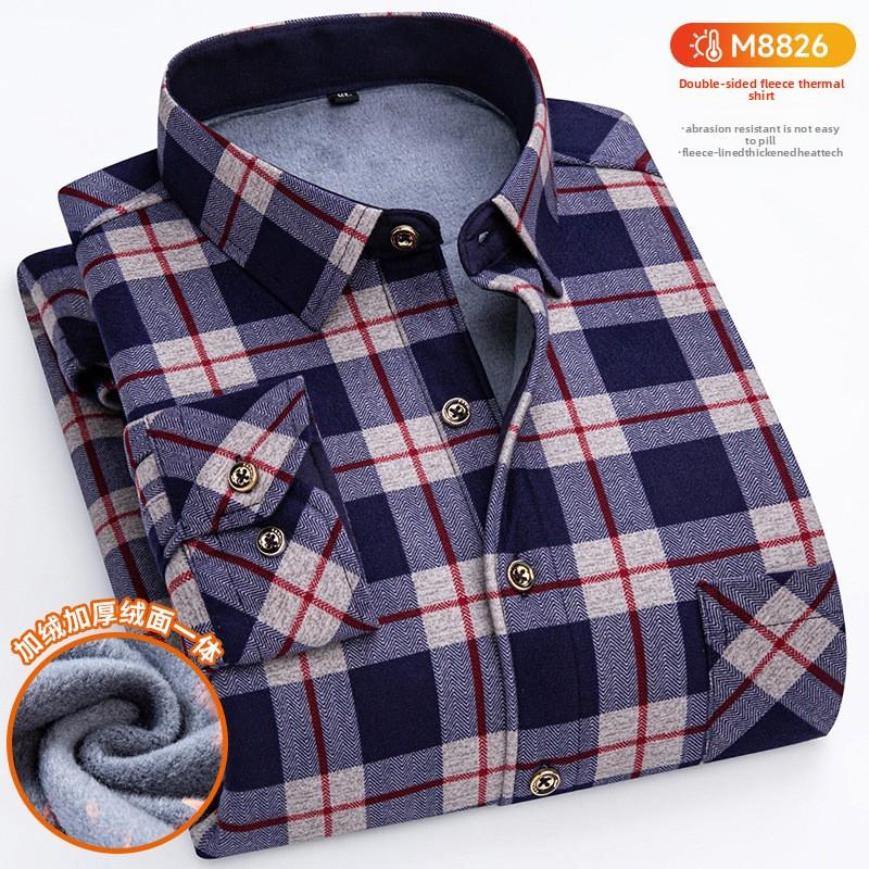 Plus Size Men's Thermal Shirt Men's Winter Fleece-Lined Thickened Checkered Long-Sleeved Shirt