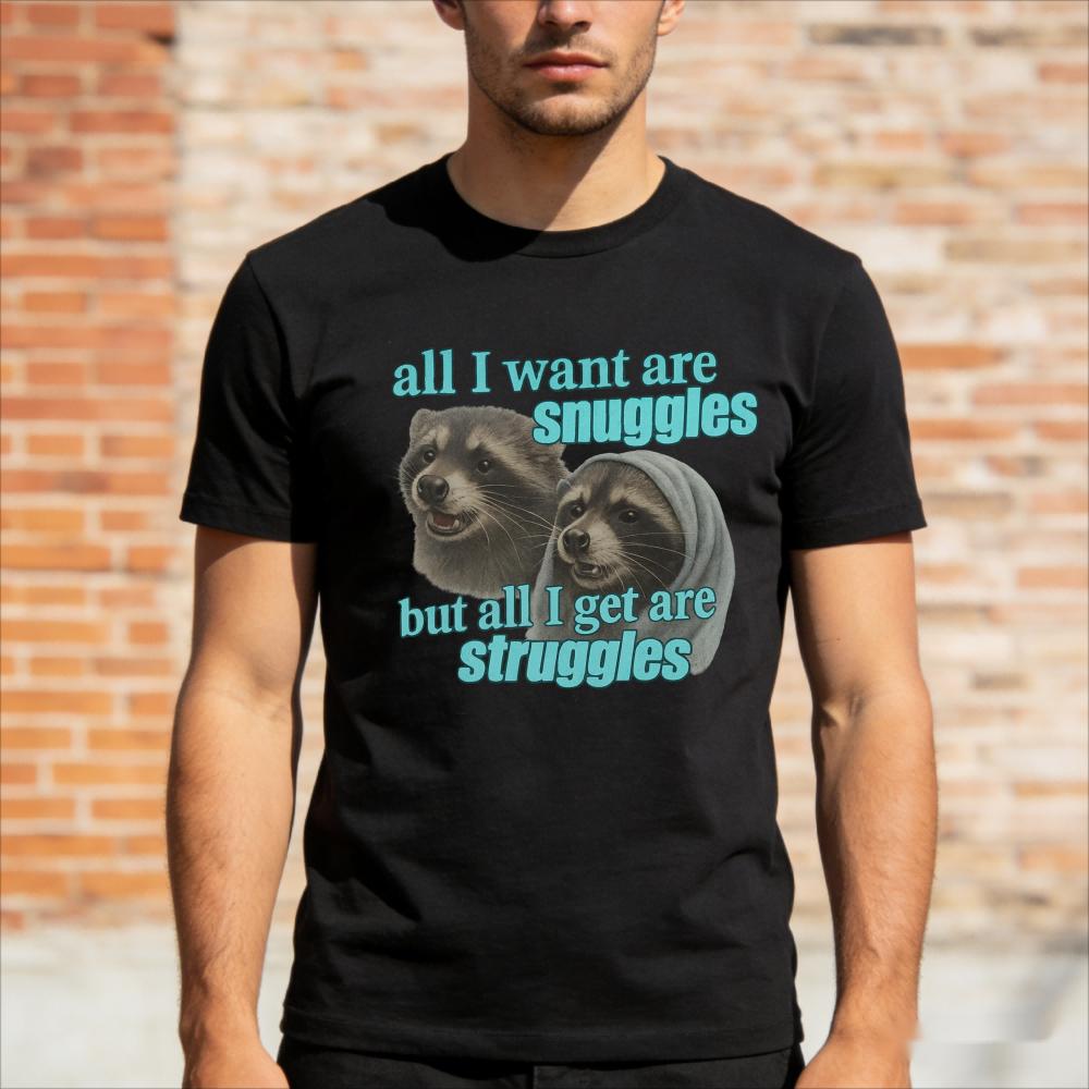 

Snuggles and Struggles Shirt Retro Meme Style Funny Raccoon Graphic Tee Men Unisex Casual Daily T-Shirt Ironic Unhinged Tshir... S разноцветный
