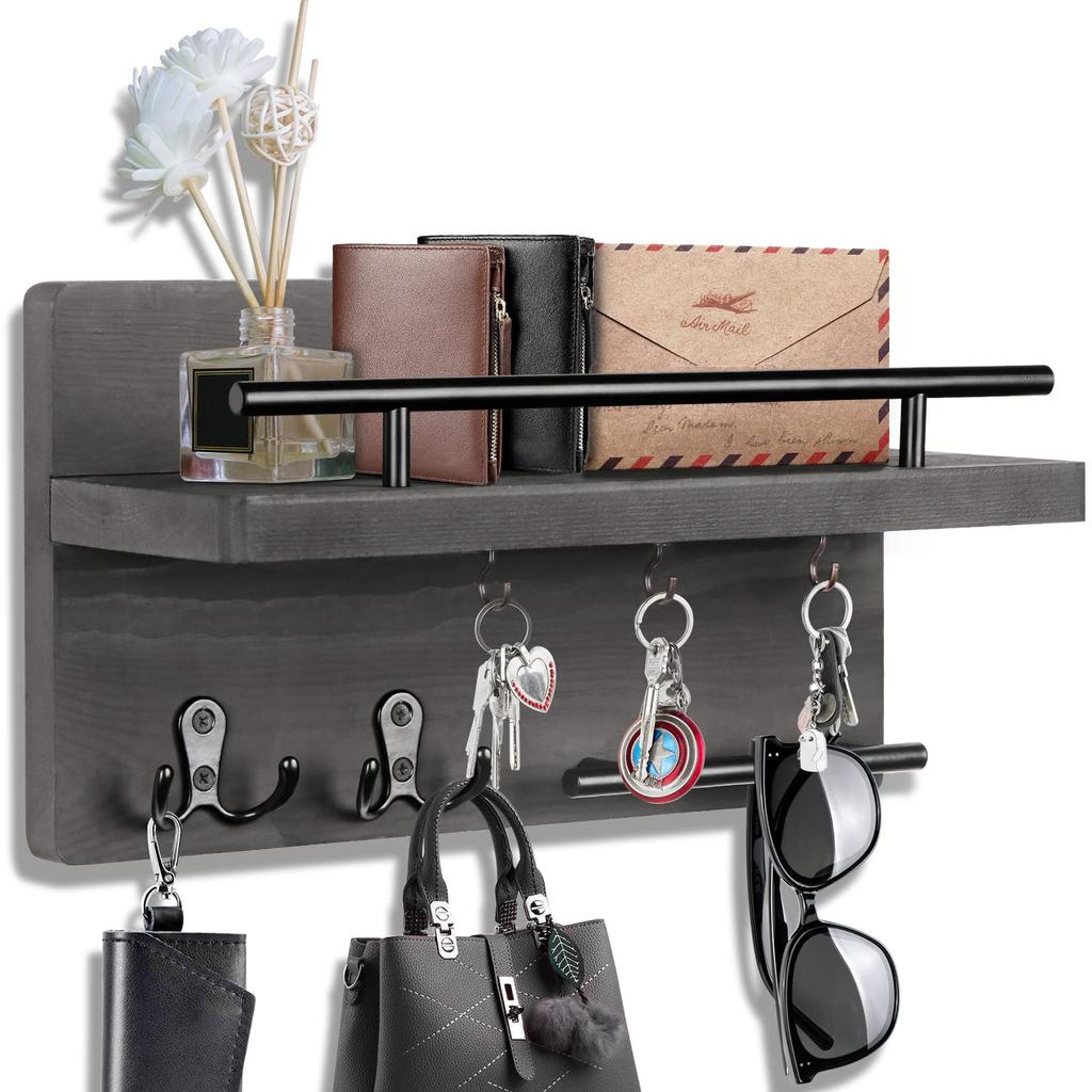 Soporte de Madera para Llaves y Correo para Pared Decorativo con 5 Ganchos para Llaves Organizador de Correo de Pared con Estante Colgador de Llaves para Decoración del Hogar
