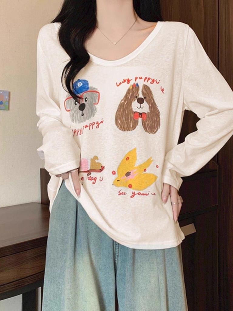 Women's Apricot Dog Print Long-Sleeve T-Shirt - Cozy, Casual U-Neck for Autumn/Winter