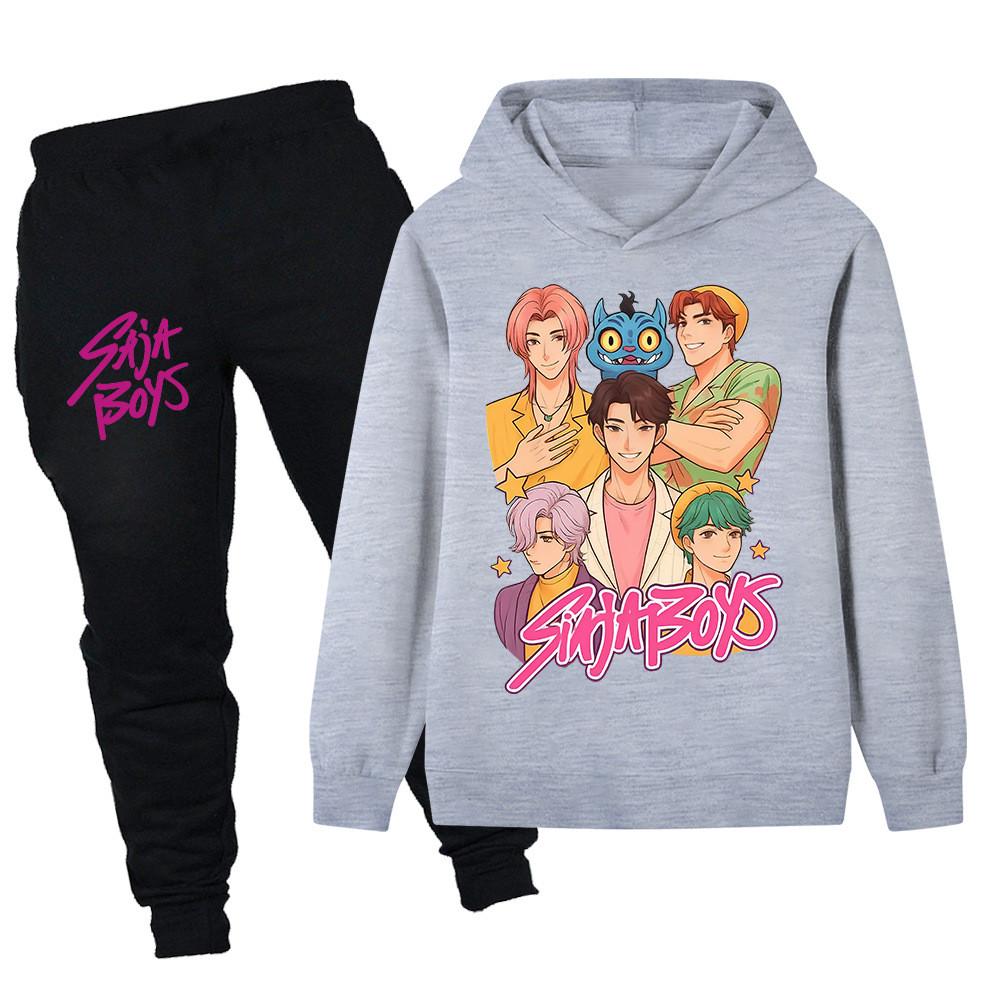 

PB1219 Kids Boys Girls Kpop Mira Zoey Rumi Sajaboys Print Long Sleeves Hoodie Pants Trousers Clothes Sets 170cm сірий