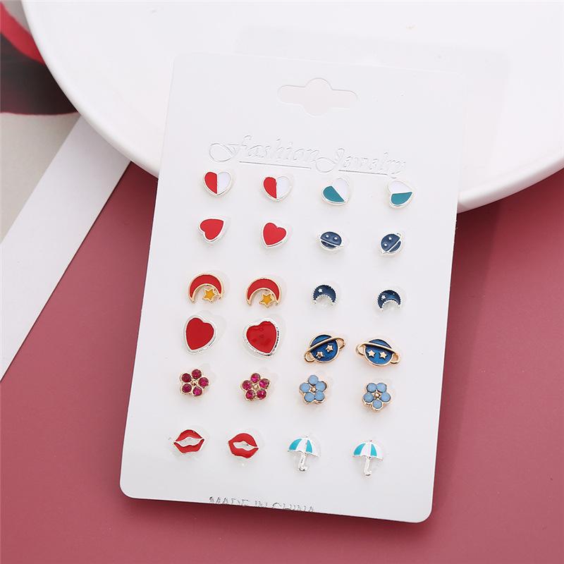 12 Pairs of Cute Stud Earrings: Color-Block Hearts, Universe, Moon, Stars for Women, with Card