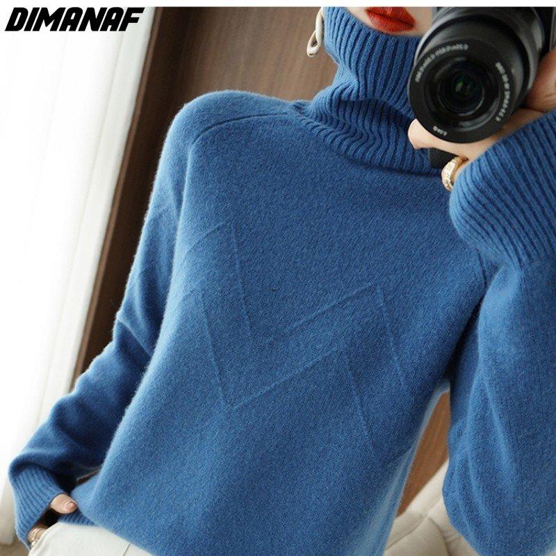 

DIMANAF 2022 Новый свитер Осенний женский вязаный повседневный водолазка Свободный синий пуловер с длинными рукавами