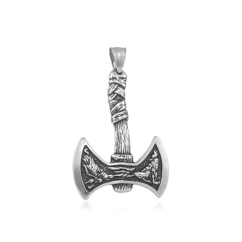 Boutique Stainless Steel Viking Wolf and Odin Crow Axe Pendant Necklace Vintage Men's Nordic Popular Jewelry for Birthday Gifts