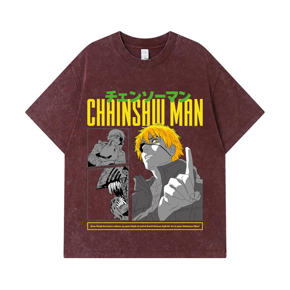 275 GSM Washed T-shirts 100% Cotton Chainsaw Man V45 Denji Print Unisex Heavy Cotton T Shirt