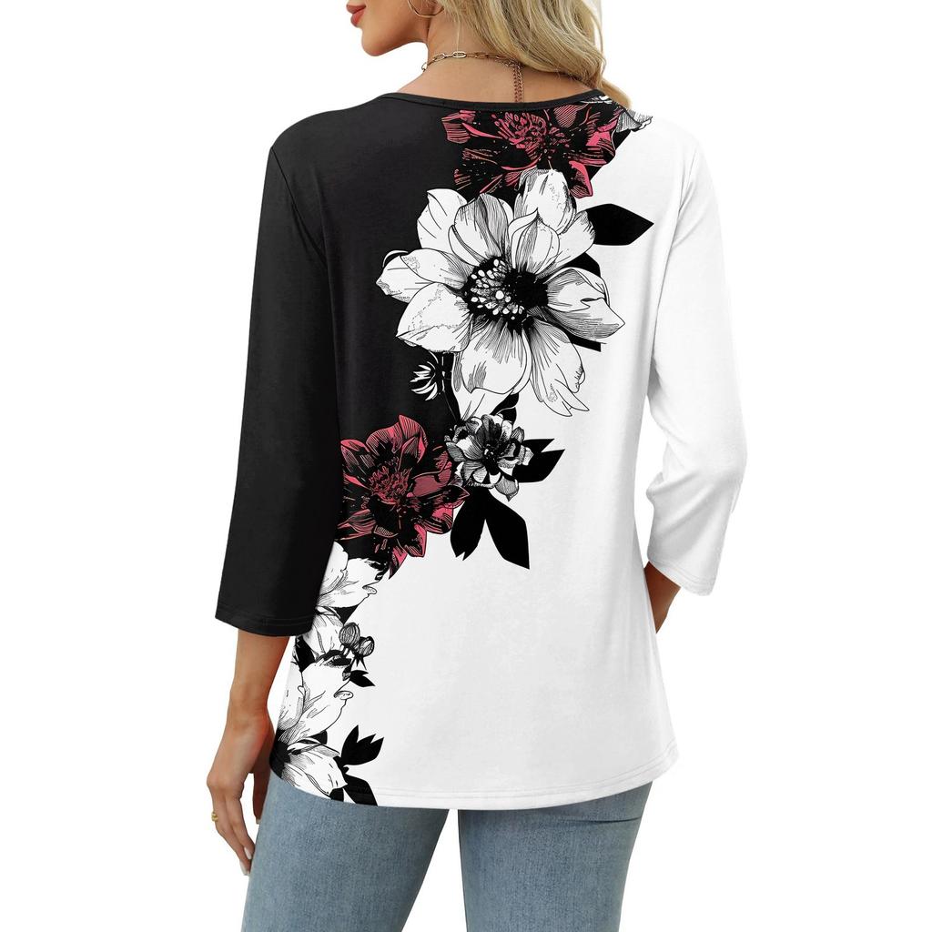 Women's Print Top Button-down V-neck T-shirt 3/4 Sleeve Loose Fashion Top