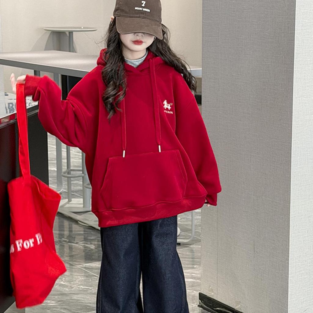 Girls' Plus Velvet Hooded Embroidered Sweatshirt, Red New Year 2026 Horse Zodiac Outfit for Big Kids